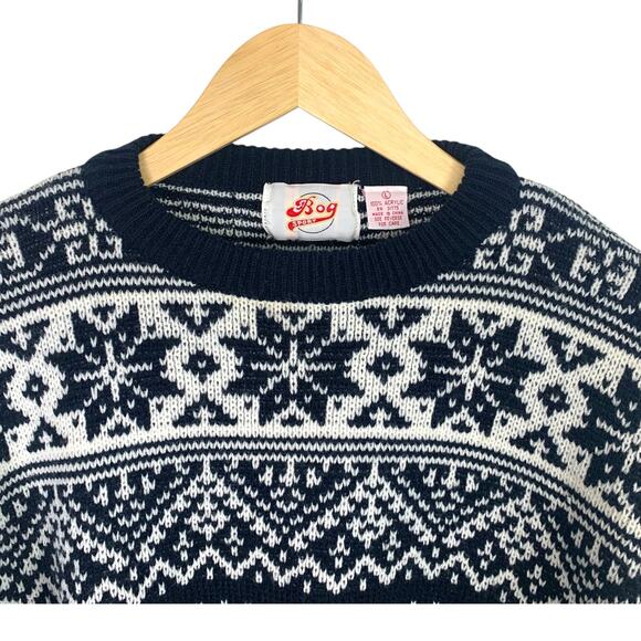 Vintage BOG Sport Men's Black and White Nordic Crewneck Sweater Sz L - Picture 3 of 7